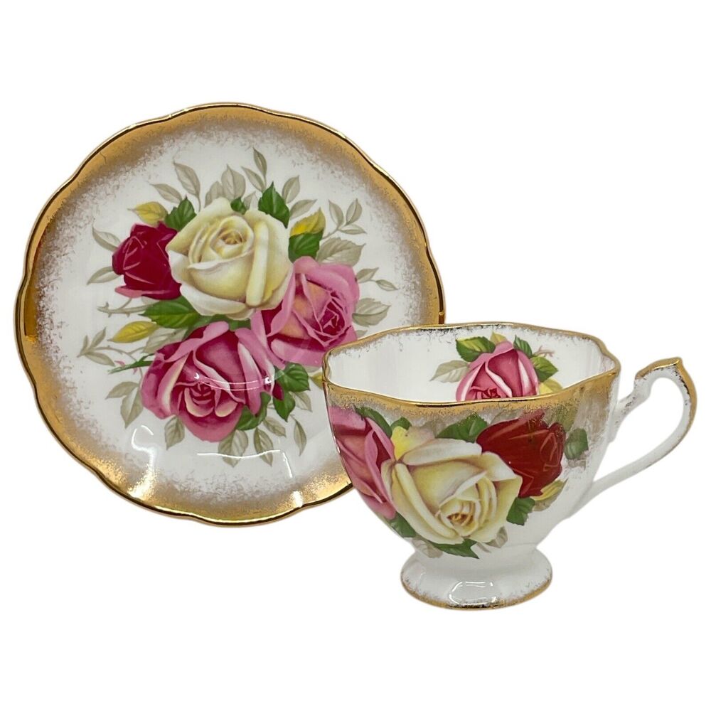 Lady Sylvia Queen Anne Teacup and Saucer Pink Yellow Red Rose Gold Gilt‎ Trim